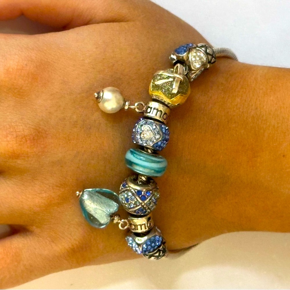 Amore & Baci 925 Sterling Elegant Blue and Gold Charm Bracelet